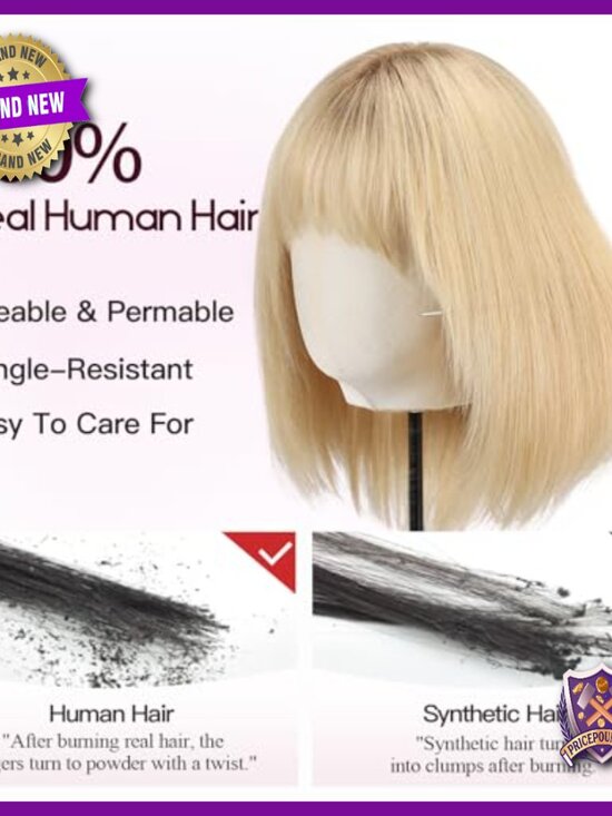 Shoulder Length Human Hair Bob Wig with Bangs, Layered Style, Breathable Cap